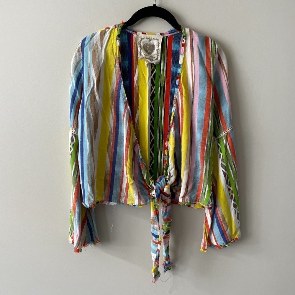 Z & L Striped Cropped Top Long Sleeve Tie Front Yellow Blue Small - Picture 2 of 7